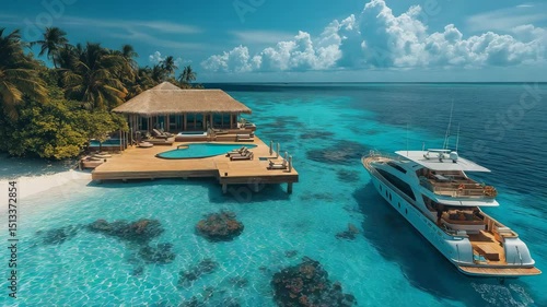 Amazing sunny panorama at Maldives. Luxury resort villas seascape with boost up colors, blue sea sky, fantastic jetty. Perfect summer vacation holiday background. Tranquil tropical beach landscape