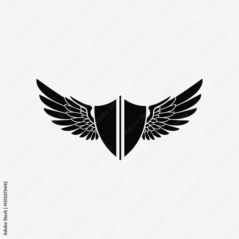 Fototapeta premium Stylized black and white logo with shield and symmetrical wings. A modern, bold emblem symbolizing strength, protection, and freedom with a clean, striking design.