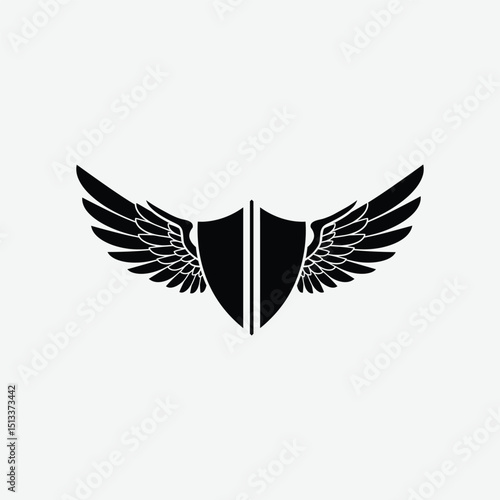Stylized black and white logo with shield and symmetrical wings. A modern, bold emblem symbolizing strength, protection, and freedom with a clean, striking design.