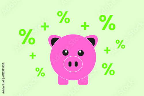 Cute piggy bank with percent sign and plus symbol. Concept of saving, interest growth and banking.