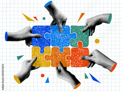 Concept of team building, teamwork. Halftone hands connect a puzzle in doodle style. Modern collage. Team, partnership metaphor. People connecting jigsaw puzzle elements. Pop art infographic