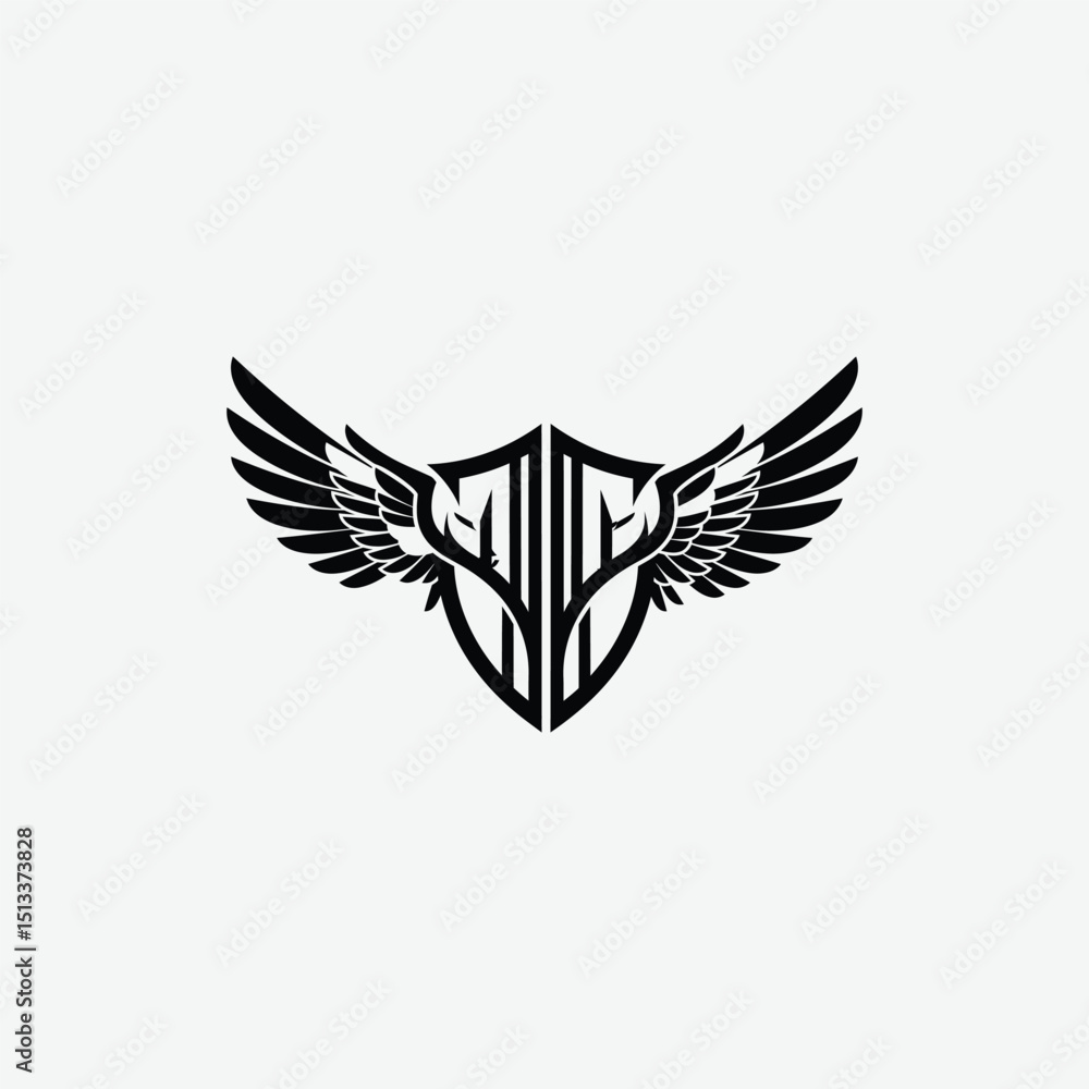 Fototapeta premium Stylized black and white logo with shield and symmetrical wings. A modern, bold emblem symbolizing strength, protection, and freedom with a clean, striking design.