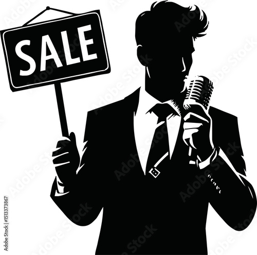 Silhouette of man holding sale sign vector isolated on a white background