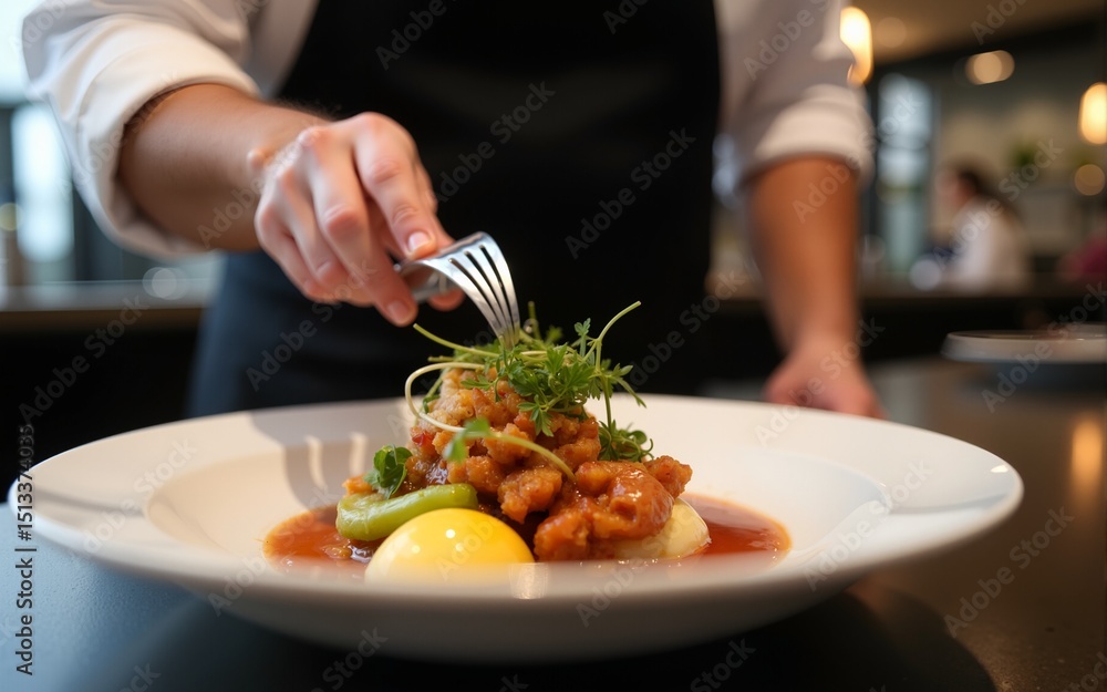 Close up of chef finishing dish before serving it to a guest in restaurant. High quality Close up of chef finishing dish before serving it to a guest in restaurant. High quality