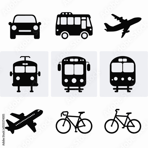 Black silhouette transportation icons illustrating various modes of travel on white