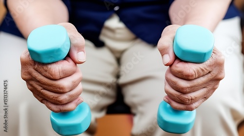Older hands gripping light dumbbells during seated exercise