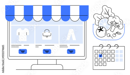 E-commerce storefront with product categories on screen, a bowl of greens, and a calendar. Ideal for shopping, meal plans, scheduling, wellness, health organization digital tools. Flat simple