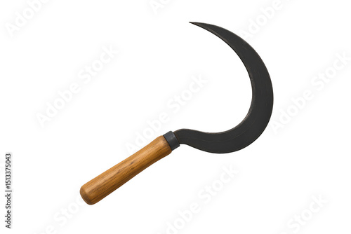 Traditional rice sickle isolated on transparent background. Metal blade with wooden handle, used harvesting crops. Perfect for agricultural designs, educational content, rural lifestyle, clipping path