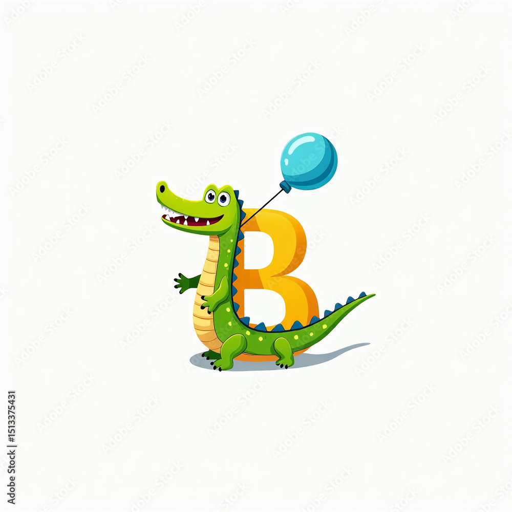 Naklejka premium Cartoon Crocodile with Blue Balloon
