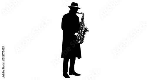 Saxophonist silhouette playing saxophone isolated on transparent background