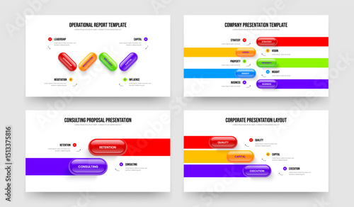 Service Strategy Four Five Two Three Element Infographic Presentation Layout Vector Illustration Bundle. Enterprise Visualization 4 5 2 3 Option Diagram Slide Template Set.