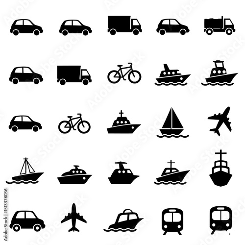 Transportation icons silhouette set isolated on transparent background