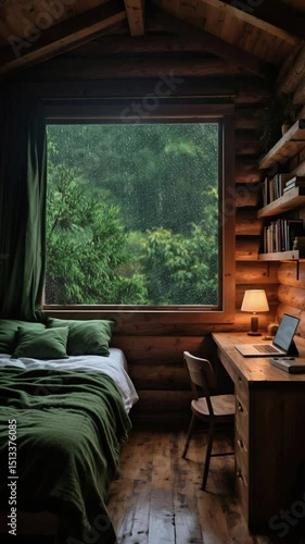 Cozy Wooden Cabin Bedroom with Rainy Forest View