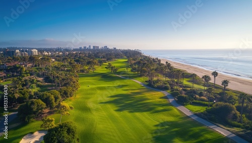 The golf course at Del Mar, California, overlooks the ocean on hole number one, with a bright blue sky.