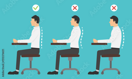 Correct and incorrect sitting postures for office work. Flat style vector illustration of an office worker at a desk