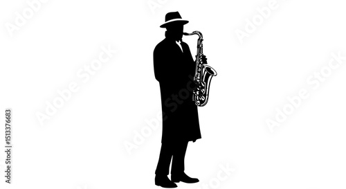 Saxophonist silhouette playing saxophone isolated on transparent background