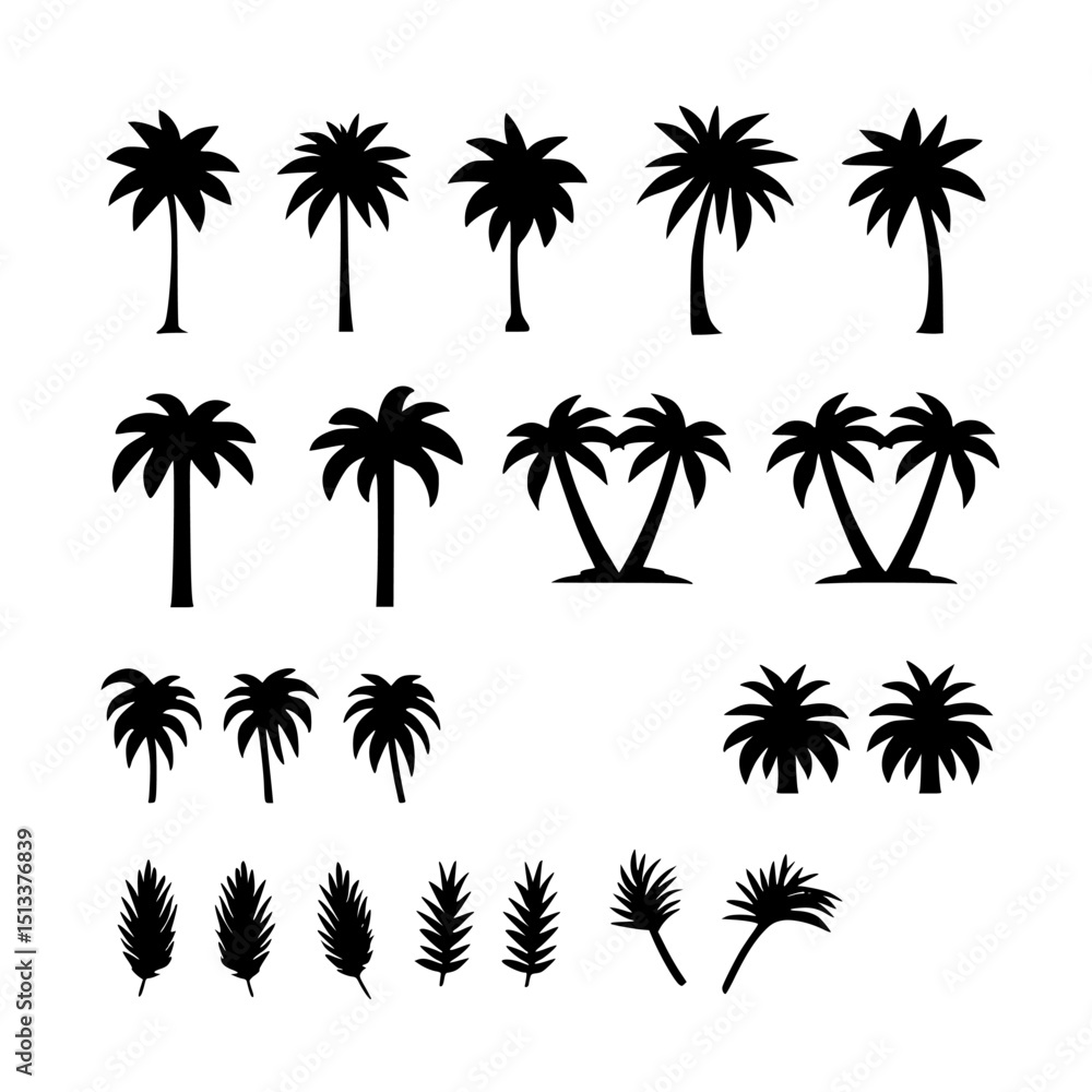 Naklejka premium Collection of tropical palm tree silhouettes isolated on transparent background