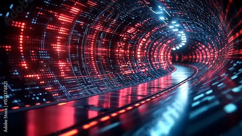 Futuristic Red and Blue Lit Tunnel: A mesmerizing journey through a digital cyberspace