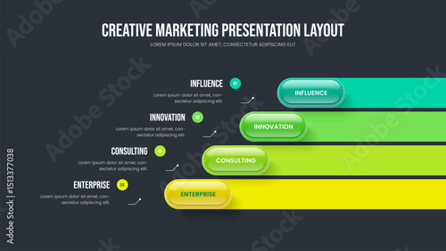 Financial Solution 4 Option Diagram Slideshow Layout. Market Review Four Element Infographic Presentation Design. Project Performance Frame Template Vector Illustration.
