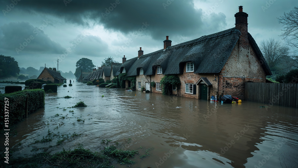 Fototapeta premium Flooded thatched houses under dramatic sky, aftermath of river overflow