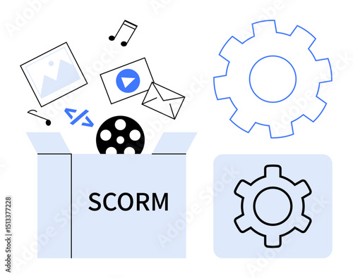 Open box labeled SCORM containing multimedia icons thumbs up video, photo, email gears symbolizing e-learning development, technology integration. Ideal for education, e-learning, LMS, content