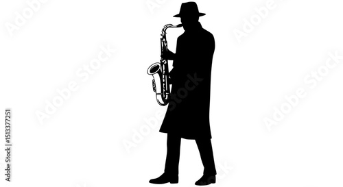 Saxophonist silhouette playing saxophone isolated on transparent background