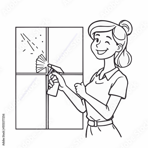 Woman joyfully cleaning windows on a sunny day in a bright home environment while showcasing her sparkling cleanliness skills