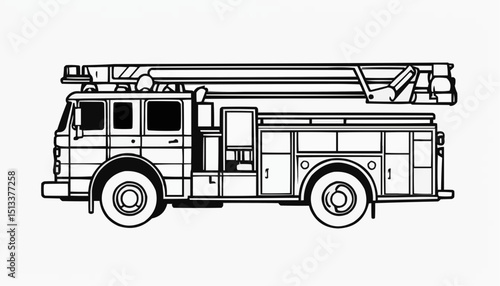 Classic fire truck illustration showcases detail and design in black and white, reminiscent of first responder vehicles