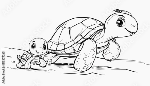 Joyful turtles embark on an adventurous stroll along a sunny riverbank in a lively, colorful landscape full of vibrant nature