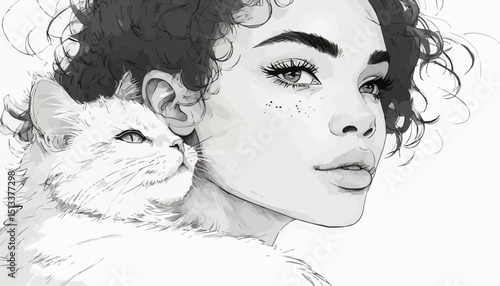 Portrait of a woman with curly hair and a serene cat nestled close, blending human warmth and feline grace