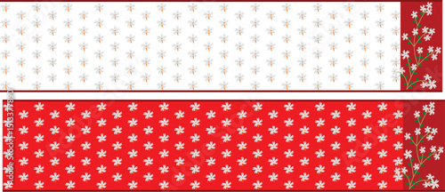 Print saree design illustration, sarre illustration with parijat flower, puja saree illustration, white saree with red border