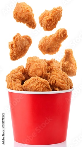 A red bucket filled with fried chicken