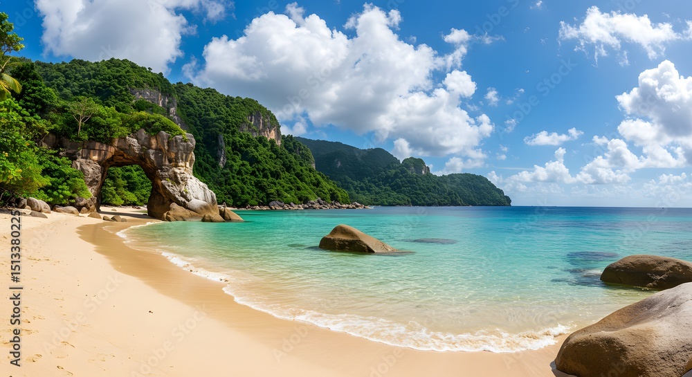 Fototapeta premium Tropical beach with rocks and lush green hills