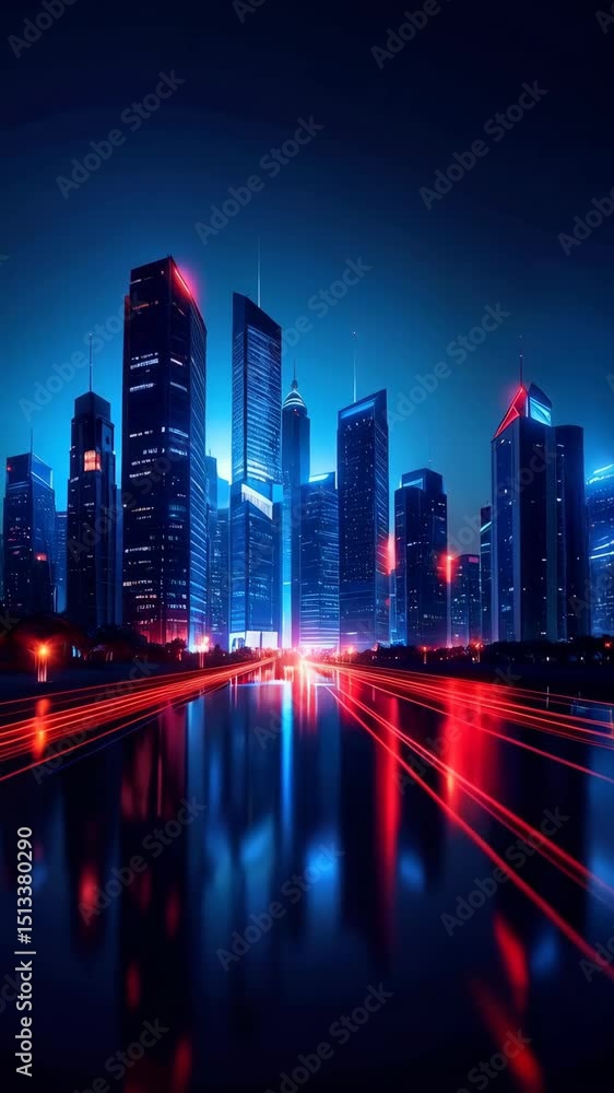 custom made wallpaper toronto digitalFuturistic Cityscape with Illuminated Skyscrapers and Light Trails in Night Urban Scene, Water Reflections and Blue-Red Toned Lighting