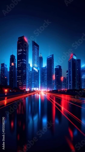 Wallpaper Mural Futuristic Cityscape with Illuminated Skyscrapers and Light Trails in Night Urban Scene, Water Reflections and Blue-Red Toned Lighting Torontodigital.ca