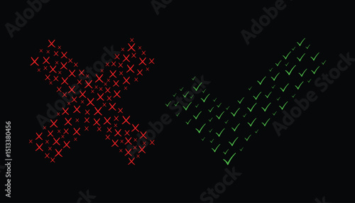 Red cross symbol and a green check mark symbol.