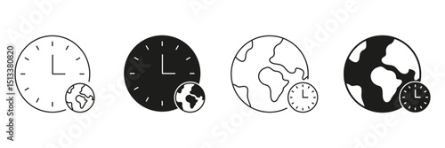 Clock And Globe Line And Solid Icon Set. Global Time Zones And World Clock Symbol Collection. International Timekeeping And Scheduling. Isolated Vector Illustration
