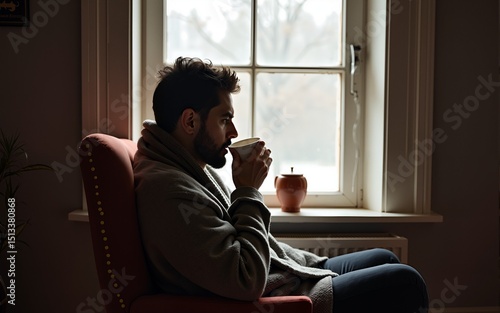 Man wrapped in  blanket drinking tea by window. High quality