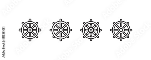 Set of four nautical ship wheels in black and white vector design.