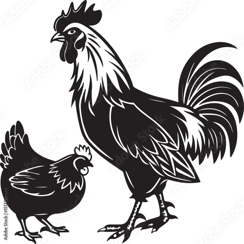 Vector-style black and white drawing featuring a rooster and hen, highlighting their silhouettes in a minimalist design