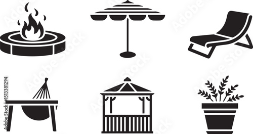 Garden and Patio Furniture Silhouette Icons  Fire Pit, Gazebo, Hammock