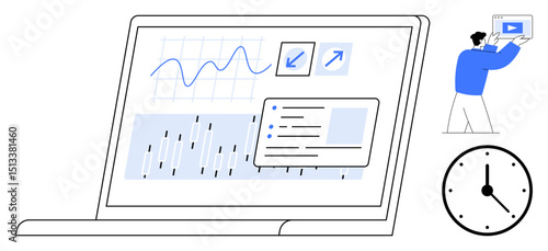 Laptop displaying graphs, charts, and interactive interface. Man presenting content alongside clock. Ideal for analytics, data visualization, teamwork, efficiency, productivity presentation simple