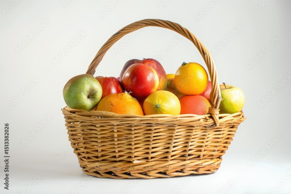 High Resolution of Wicker Basket Filled with Vibrant Fruits on White Background High Resolution of Wicker Basket Filled with Vibrant Fruits on White Background