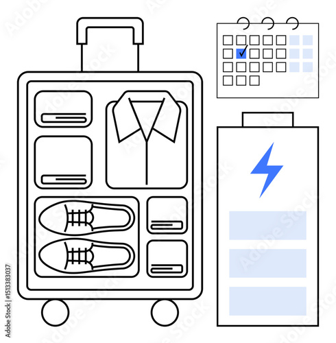 Luggage with neatly packed clothes and shoes, a marked calendar, and a charged battery. Ideal for travel, planning, productivity, efficiency, preparation, work-life balance flat simple metaphor