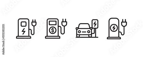 Electric and gasoline charging stations icon set with car illustration.