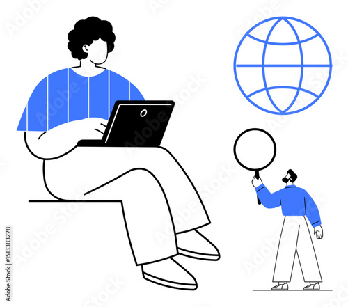 Person working on laptop and another exploring with magnifying glass beside a globe. Ideal for remote work, global network, internet communication, teamwork, research, learning, simple landing page