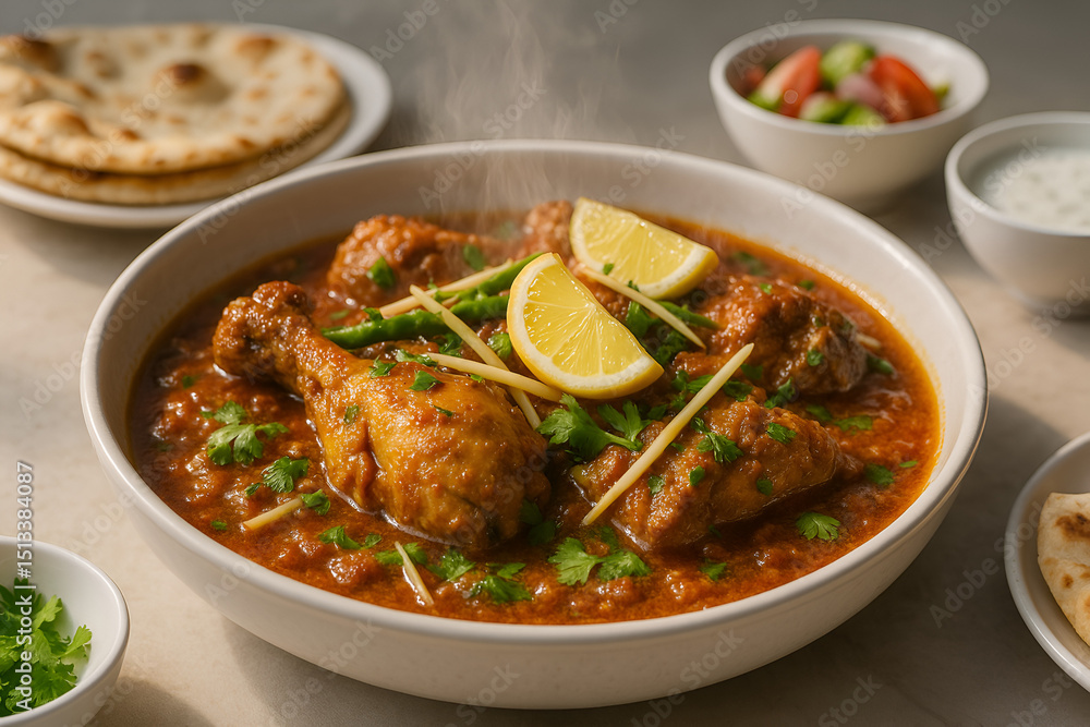 Sizzling Chicken and Mutton Karahi in White Dishes with Islamabad Style Aesthetic Sizzling Chicken and Mutton Karahi in White Dishes with Islamabad Style Aesthetic