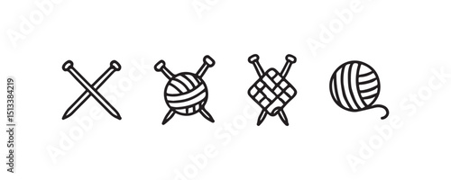 Knitting icons: needles and yarn graphics in black and white.