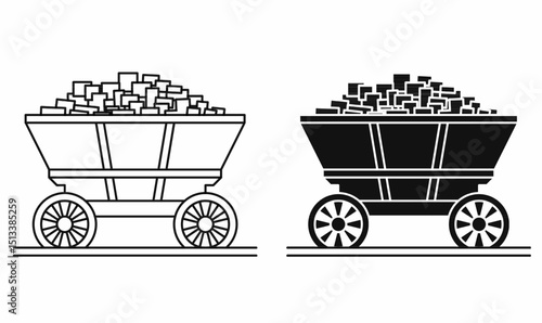 Black and white outline filled mine cart or ore cart or coal wagon illustration icon, vector for icon, logo,symbol mining industry. vector illustration, silhouette white background.