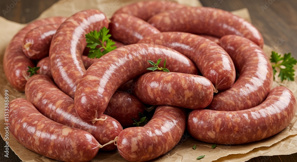 Fototapeta premium Raw sausages arranged on butcher paper with herbs for cooking 